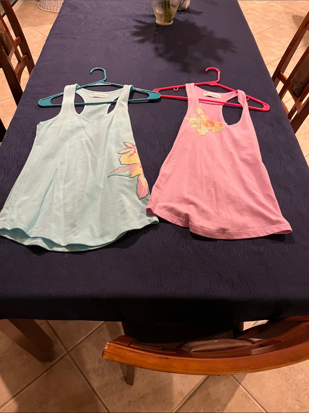 2 Ladies’ Floral Appliqué Racerback Tank Top - Pink and teal